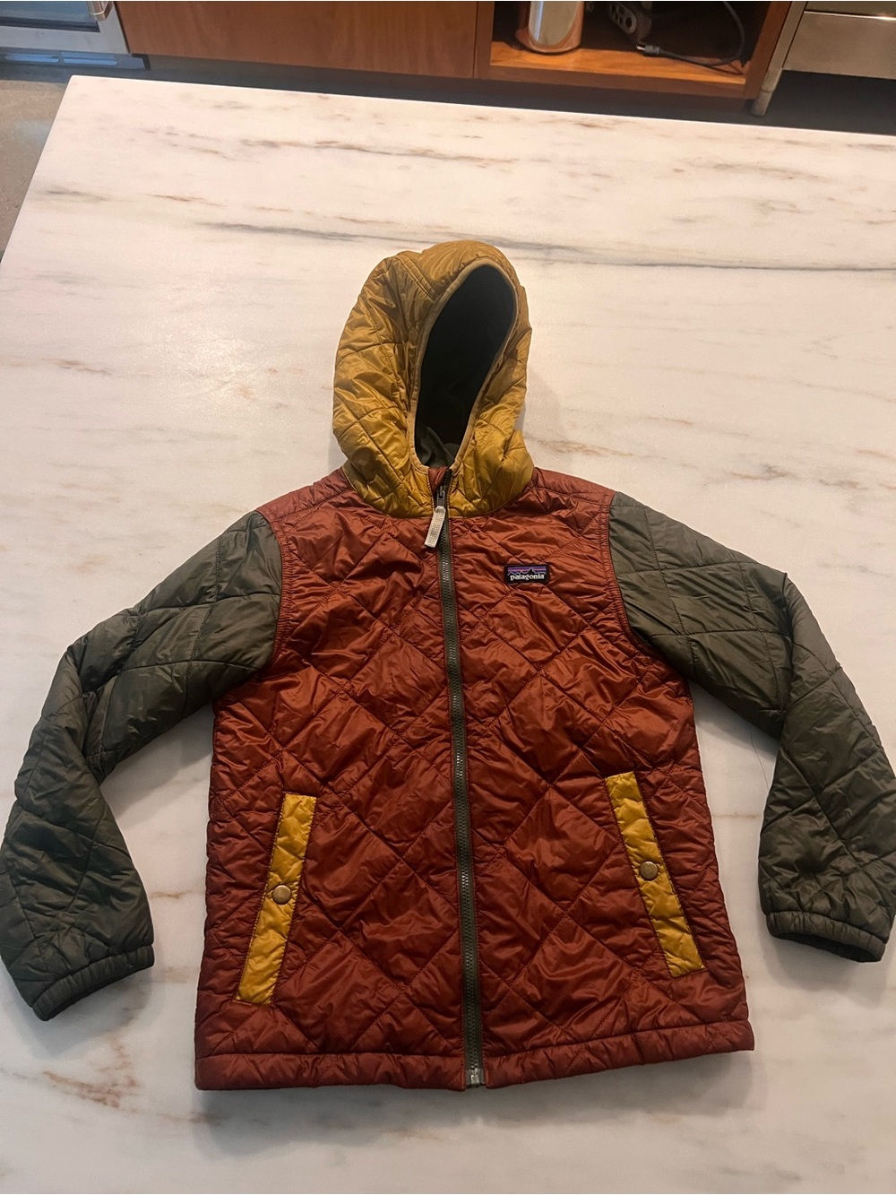 Patagonia Quilted Hooded Jacket size small 7-8 — Olive Body with Mustard Hood